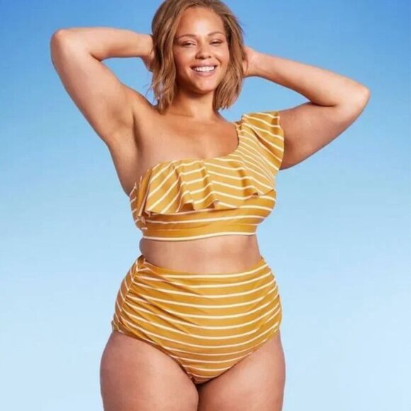 KONA SOL STRIPED BIKINI BOTTOM WOMENS 3X HIGH WAIST FULL SEAT COVERAGE GOLD NWT - Picture 4 of 4